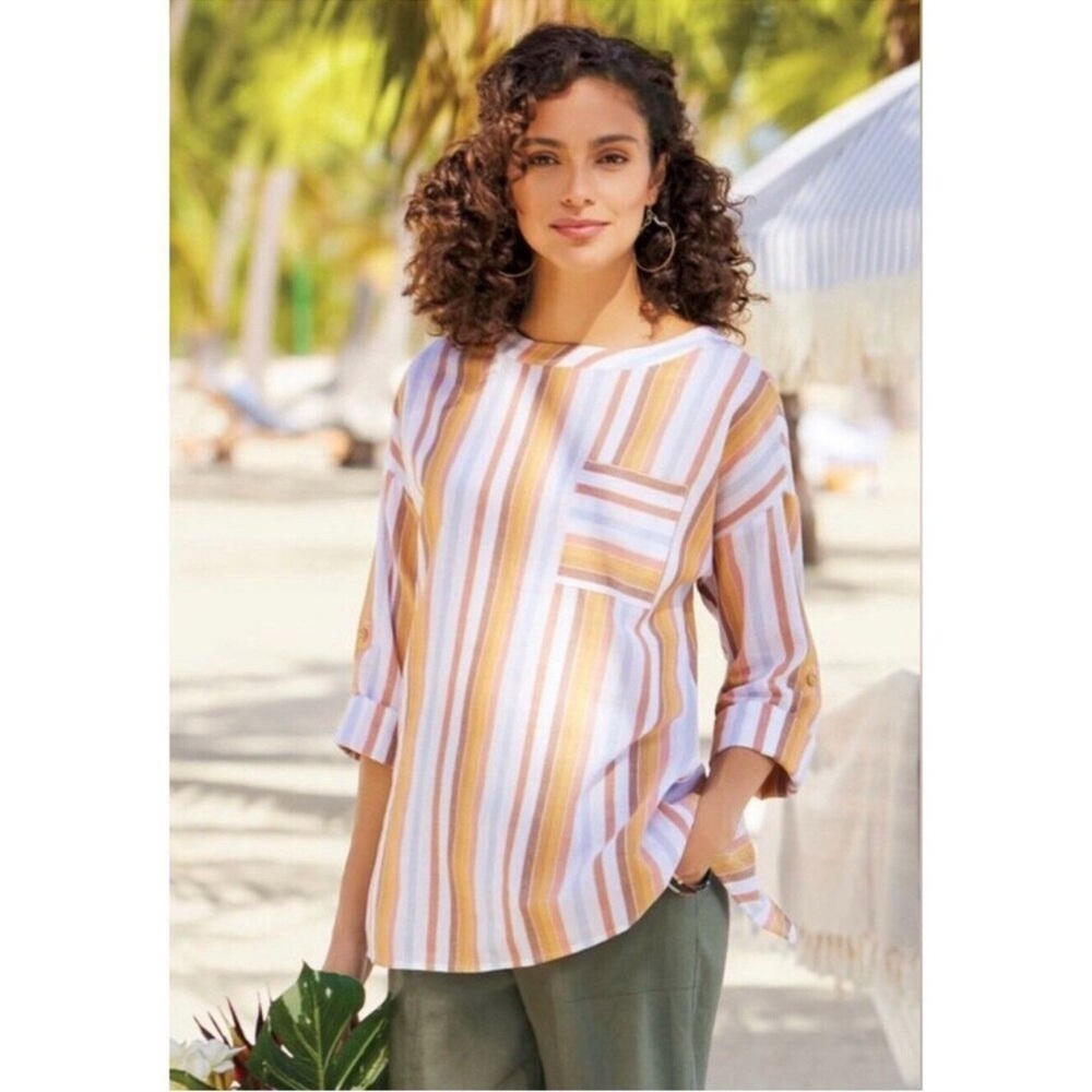 Soft Surroundings Sunset Multicolor Striped Long Sleeve Roll Tab Top Size XL